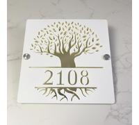 Targa con numero civico con albero della vita, moderna, in acrilico, per porta, personalizzabile con indirizzo per esterni (oro bianco, 18 x 18 cm)