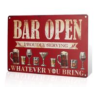 Targa con scritta "Bar Open", con scritta "Proudly Serving Whatever You Bring", 20,3 x 30,5 cm, colore: rosso