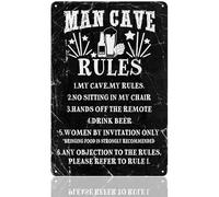Targa con scritta "Man Cave Rules Man Cave Who Have Everything", divertente targa in latta, per uomo, idea regalo per la mia caverna My Rules Who Have Everything bar, decorazione da parete, 20,3 x