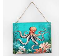 Targa da appendere a tema nautico con piovra subacquea, decorazione primitiva, rustica, acquerello, vita marina, cartello in legno personalizzato per cameretta dei bambini, dispensa, 25,4 x 30,5 cm