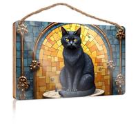 Targa da appendere alla porta con gatto nero arroccato prima di un vivace arco in vetro colorato, cartello di benvenuto, decorazione per la casa e il negozio (23 x 35 cm)