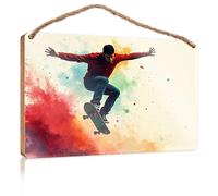 Targa da appendere alla porta con uno skateboarder esegue un trucco aereo contro un colorato cartello in legno decorazione per la stanza degli uomini (23 x 35 cm)