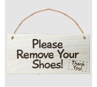 Targa da appendere con scritta in lingua inglese "Please Remove Your Shoes" (lingua italiana non garantita), cartello di benvenuto quadrato in legno, cartello di benvenuto per porta d'ingresso,
