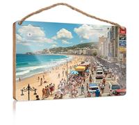 Targa da appendere per porta con scena vivace sulla spiaggia con persone che si godono il sole, la sabbia e il mare, cartello in legno per la decorazione della stanza da uomo (15 x 28 cm)