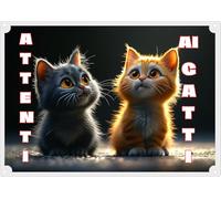 Targa da Cancello ATTENTI AI GATTI stile umoristico coppia gatti cuccioli, in PLASTICA cm 31 x 22
