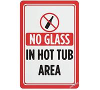 Targa da parete con scritta "No Glass in Hot Tub Area", stampa rossa e nera, stile piscina con regole in stile colorfast, targa posterlation per ristorante, cartello di sicurezza per esterni e interni