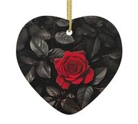 Targa da parete in ceramica con rosa rossa e foglie nere, da appendere, ideale come regalo per amici, regalo di Natale