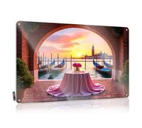 Targa da parete in latta con scritta "Romantic Dinner Setup Under An Archway With Gondolas In Venice", decorazione da parete per garage, 20 x 30 cm