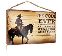 Targa da parete in legno per bagno, con scritta in inglese "A Cowboy Rides His Horse Under A Sign Reading "The Code Ever". Decorazione divertente per la casa (20 x 30 cm)