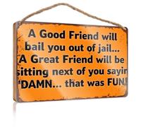 Targa da parete in legno per bagno, con scritta in inglese "A Good Friend Will Bail You Out Of Jail.", decorazione divertente per il bagno (20 x 30 cm)