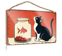 Targa da parete in legno per bagno, motivo: gatto guarda con desiderio di pesciolino rosso in un barattolo, decorazione divertente per il bagno (15 x 28 cm)
