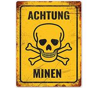 Targa da parete in metallo vintage con scritta "Pub Shed Bar Man Cave Home Bedroom Office Kitchen Gift Metal Sign - Retro WAR Achtung Minen Warning Mine Minefield Yellow Alert German WWW2