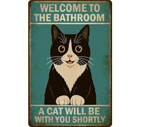 Targa da parete per bagno, divertente, vintage, con scritta in lingua inglese "Welcome To The Bathroom A Cat Will Be With You Shortly", in metallo nero, per bagno o toilette, stile retrò, 20,3 x 30,5