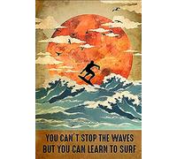 Targa da surf divertente, non puoi fermare le onde ma puoi imparare a surfare, targa in metallo retrò, amante del surf, poster vintage, per la casa, caffè, decorazione da parete, 8 x 12 pollici