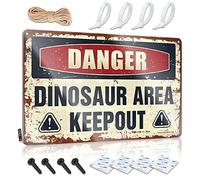 Targa decorativa con dinosauro e scritta in lingua inglese "Danger Dinosaur Area Keep Out", decorazione per grotte e videogiochi, in metallo, 20 x 30 cm