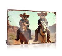 Targa decorativa con scritta in inglese "Two Cats In Cowboy Hats Ride Horses In The Desert", in latta, con scritta "Hot Beer" (lingua italiana non garantita)
