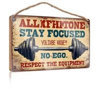 Targa decorativa da parete in legno con scritta in inglese "Stay Focused No Ego, Respect The Equipment". Targa decorativa in legno (15 x 28 cm)