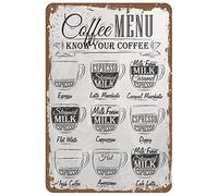 Targa decorativa da parete in stile retrò vintage con scritta in lingua inglese "Coffee Menu Know Your Coffee", per casa, bar, pub, cucina, ristorante, 30,5 x 20,3 cm
