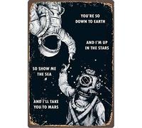 Targa decorativa da parete vintage con astronauta e subacqueo, divertente conversazione, in metallo, per casa, bar, cucina, ristorante, 30,5 x 20,3 cm