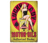 Targa decorativa in alluminio vintage con scritta "Lucky Lady Motor Oil Gas Station Garage Dealer Pin up Girl", 20,3 x 30,5 cm