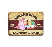 Targa decorativa in latta con scritta "Washroom Get Clean Hot Shower Laundry and Bath", 20 x 30 cm, stile retrò, per casa, bagno, fattoria, giardino, garage, divertente decorazione da parete