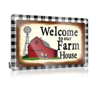 Targa decorativa in latta con scritta "Welcome To Our Farmhouse: A Cozy Barn Scene", decorazione da parete per la casa, in metallo, 30 x 40 cm