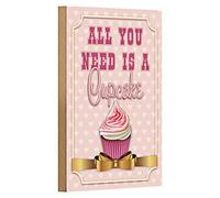 Targa decorativa in legno "All You Need Is A Cupcake", perfetta per cucina o caffè, rosa con motivo a cuore, 12 cm x 18 cm