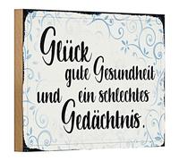 Targa decorativa in legno "Felicità, buona salute e cattiva memoria", stile vintage con motivi floreali blu, ideale per la casa e l'ufficio, 18 cm x 12 cm