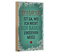 Targa decorativa in legno "Zuhause ist da, wo ich nicht den Bauch einzuziehen muss", stile vintage con motivo a cuore per la decorazione della casa, 12 cm x 18 cm