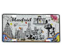 Targa decorativa Madrid 30 x 15 cm - Targa metallica da parete con monumenti e testo Spagna - Design urbano in giallo e blu per garage, bar, camera, ufficio, 4 fori (bianco 2)