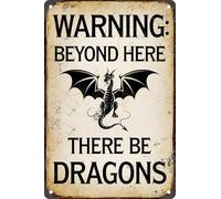 Targa decorativa vintage in metallo con scritta "Warning Beyond Here There Be Dragons", per bar, pub, club, negozi, 20,3 x 30,5 cm