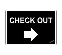 Targa di avvertimento decorativa da parete con freccia destra e scritta in inglese "Check Out With Right Arrow", in metallo, resistente, per cortile, ufficio, per interni ed esterni, 20,3 x 30,5 cm