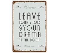 Targa di benvenuto in stile retrò, con scritta in inglese "Leave Your Shoes & Your Drama At The Door,Novelty Door Yard Patio Tin Sign For Nursery Bedroom Office Home Pub Kitchen Bagno Garden