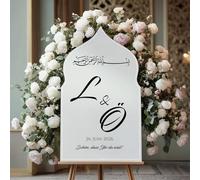 Targa di benvenuto per matrimonio personalizzata, vetro acrilico bianco lucido a forma di arco, elegante decorazione per ricevimenti, feste ed eventi, made in Germany