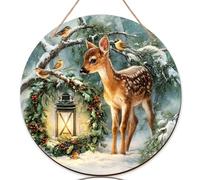 Targa di benvenuto per porta d'ingresso, lanterna invernale rustica con uccellini, lanterna invernale in legno verde, da appendere alla porta di benvenuto, decorazione frontale per appartamento, set