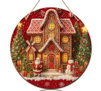 Targa di benvenuto per porta d'ingresso, per casa di pan di zenzero, Babbo Natale, pupazzo di neve, in legno rosso, da appendere alla porta, decorazione per portico anteriore, da appendere, set da 1