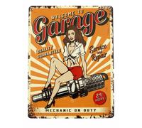 Targa di Latta " Garage " Pin Up Riparazione Officina Candela Spark 33x25cm