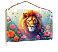 Targa divertente per la casa, con scritta "Nature's Majesty: Leone in mezzo ai fiori", in legno, da appendere alla porta, decorazione per il bagno (20 x 30 cm)