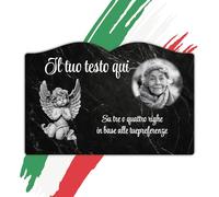 Targa Funeraria a Forma di Libro - Lapide Personalizzabile STAMPA HD su Acrilico trasparente - Angioletto su Marmo Scuro Striato - Ricordo Elegante e Duraturo - Diverse Misure