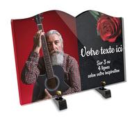 Targa funeraria con foto in plessi, personalizzabile con motivo rosa rossa su ardesia, diverse dimensioni, spessore 6 mm, personalizzata su più righe, 30 x 20 cm