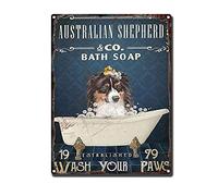 Targa in latta Australian Shepherd Co Bath Soap Wash Your Paws Restoring Ancient Ways Garage Home Cafe Bar Farm Wall Bathroom Decor The Mural 30,5 x 40,6 cm