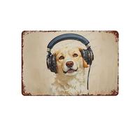 Targa in latta con cane musicale che ascolta la musica, decorazione artistica da parete con animale con cuffia, cartello pubblico, placca da giardino, casa, per camera da letto, soggiorno, bagno, 20 x