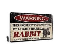 Targa in latta con coniglio, divertente targa in metallo, decorazione da parete vintage, 30,5 x 20,3 cm, con scritta in inglese "Warning This Property Protected by