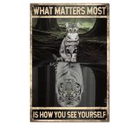 Targa in latta con gatto bianco e tigre, stile vintage, con scritta in lingua inglese "What Matters Most Is How You See Yourself", decorazione da parete, stile retrò, 15 x 20 cm