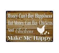 Targa in latta con scritta "Funny Chicken Coop" Money Can't Buy Happiness But Money Can Buy Chickens - Targa in stile vintage, per cucina e stallaio, 20 x 30 cm