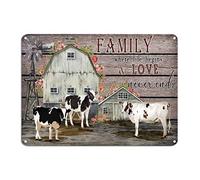 Targa in latta con scritta in inglese "Family Where Life Begins And Love Never Ends", targa in latta con mucca antica, 25,4 x 35,6 cm, antiruggine, per bar, ristoranti, caffetterie, pub