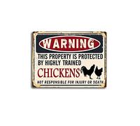 Targa in latta con scritta in lingua inglese "Chicken Sign Warning This property is protected by highly trained chickens", divertente cartello di avvertimento per esterni, vintage, in metallo, per