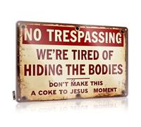 Targa in latta con scritta in lingua inglese "No Trespassing We'Re Tired Of Hiding The Bodies Don'T Make This A Coke To Jesus Moment", divertente cartello per garage da uomo (30 x 40 cm)