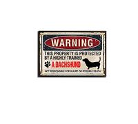 Targa in latta con scritta in lingua inglese "Warning Dachshund Marks The Dachshund owner's Property is Protected by The Dachshund, targa vintage Cafe and Bbar, 20,3 x 30,5 cm, con cornice in metallo