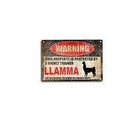 Targa in latta con scritta in lingua inglese "Warning This Property Is Protected By A Trained Llamma", divertente cartello di avvertimento all'aperto, stile vintage, in metallo, decorazione da parete